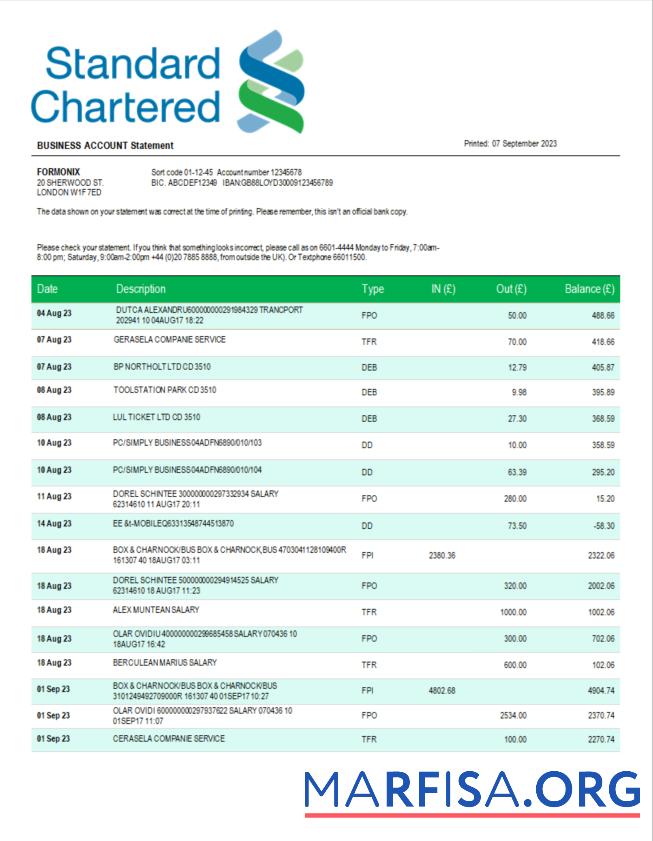 Blank Standard Chartered bank company account statement Word and PDF template